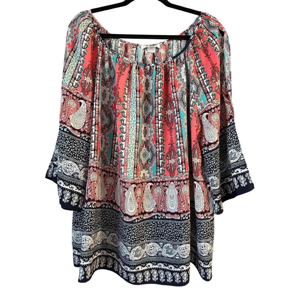 Moa Moa Women's Plus Size Pink Blue & White Cold Shoulder Paisley Top Size 3X